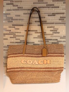 Coach Tan Woven Straw Tote with Leather Trim